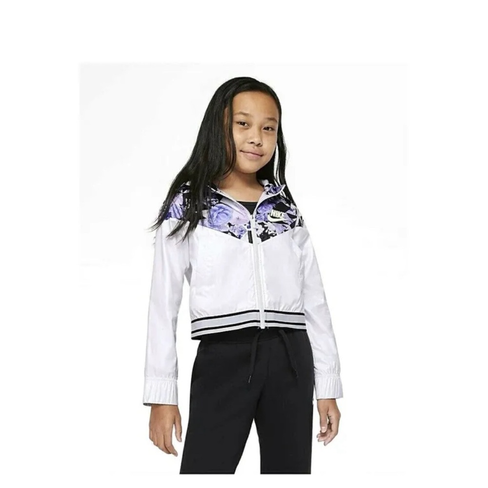 Nike Sportswear Girls Size L White Full Zip Windrunner Lightweight Jacket